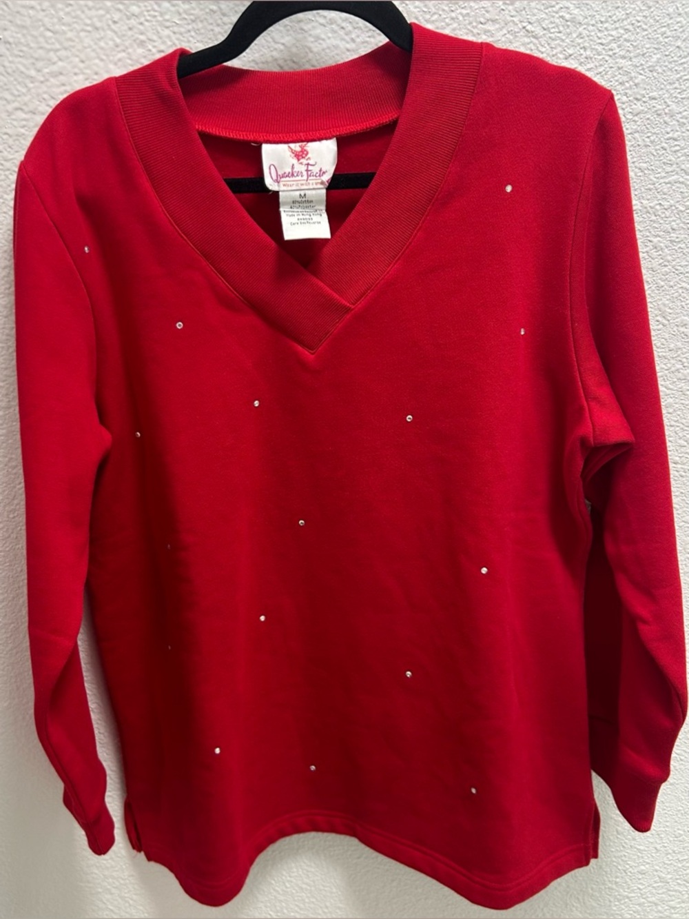 Quacker Factory Red V-Neck Sweater with Rhinestone Accents